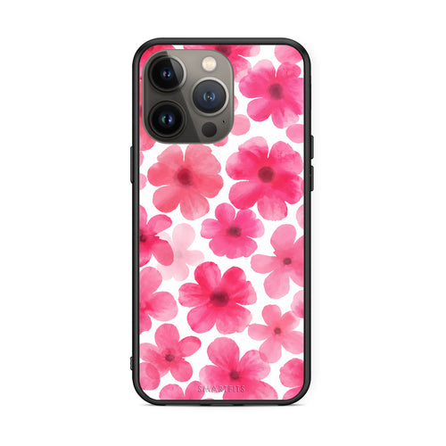 Θήκη iPhone 13 Pro Max Pink Watercolour Flowers on White από τη Smartfits με σχέδιο στο πίσω μέρος και μαύρο περίβλημα | iPhone 13 Pro Max Pink Watercolour Flowers on White case with colorful back and black bezels