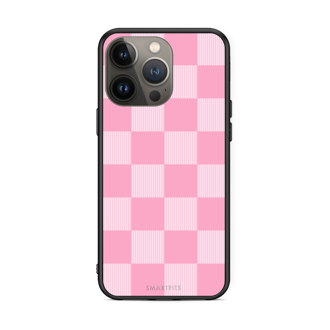 Θήκη iPhone 13 Pro Max Pink and White Striped Checks από τη Smartfits με σχέδιο στο πίσω μέρος και μαύρο περίβλημα | iPhone 13 Pro Max Pink and White Striped Checks case with colorful back and black bezels