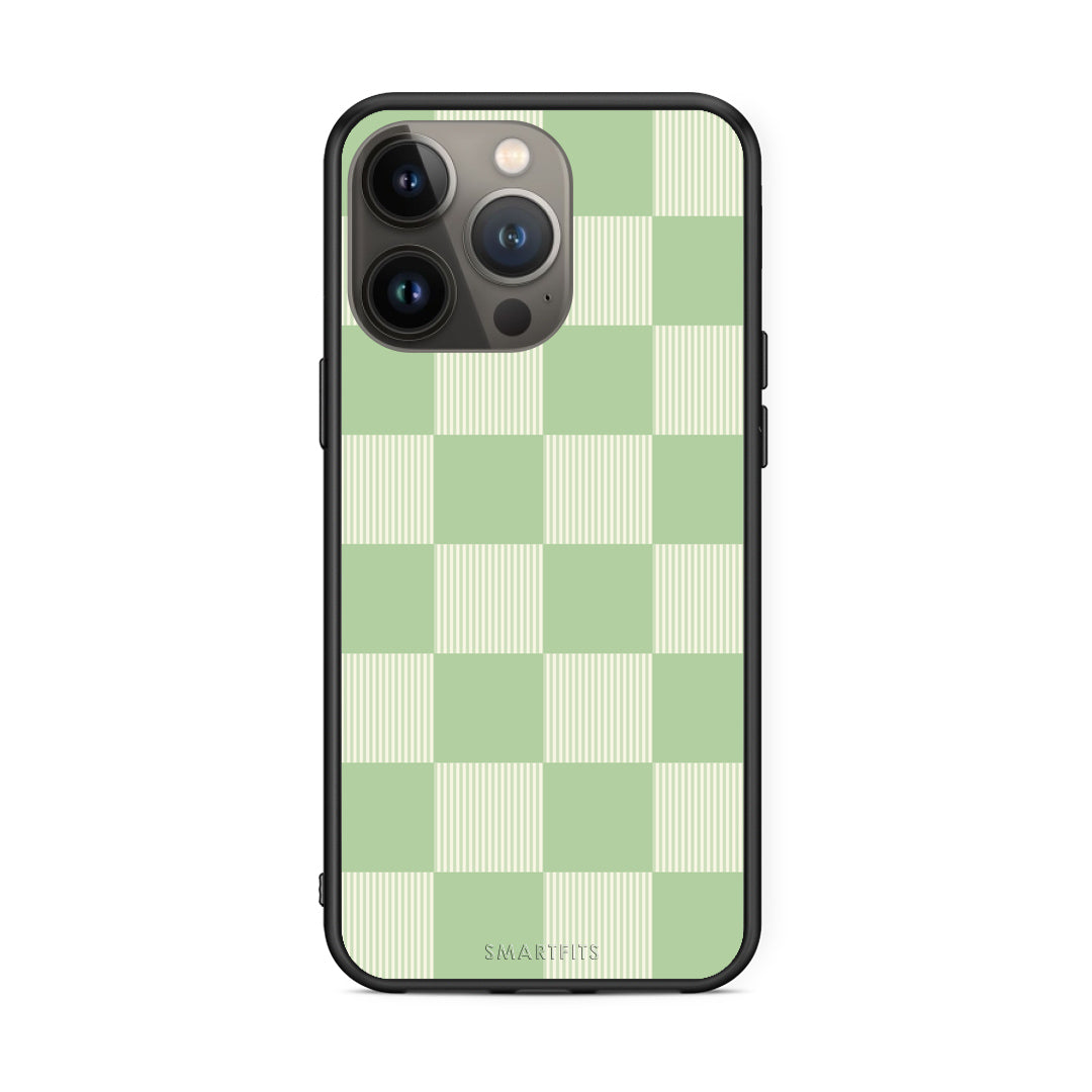 Θήκη iPhone 13 Pro Max Sage and Cream Striped Checks από τη Smartfits με σχέδιο στο πίσω μέρος και μαύρο περίβλημα | iPhone 13 Pro Max Sage and Cream Striped Checks case with colorful back and black bezels