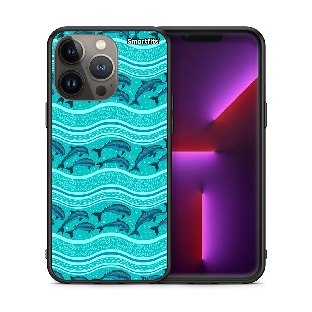 Θήκη iPhone 13 Pro Max Swimming Dolphins από τη Smartfits με σχέδιο στο πίσω μέρος και μαύρο περίβλημα | iPhone 13 Pro Max Swimming Dolphins case with colorful back and black bezels