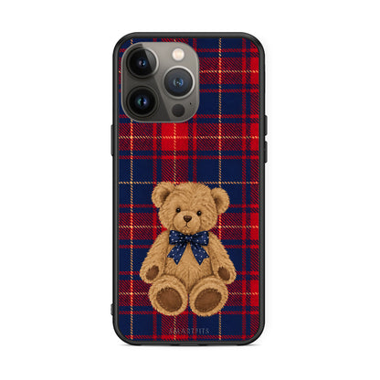 Θήκη iPhone 13 Pro Max Teddy Bear on Red and Navy Tartan από τη Smartfits με σχέδιο στο πίσω μέρος και μαύρο περίβλημα | iPhone 13 Pro Max Teddy Bear on Red and Navy Tartan case with colorful back and black bezels