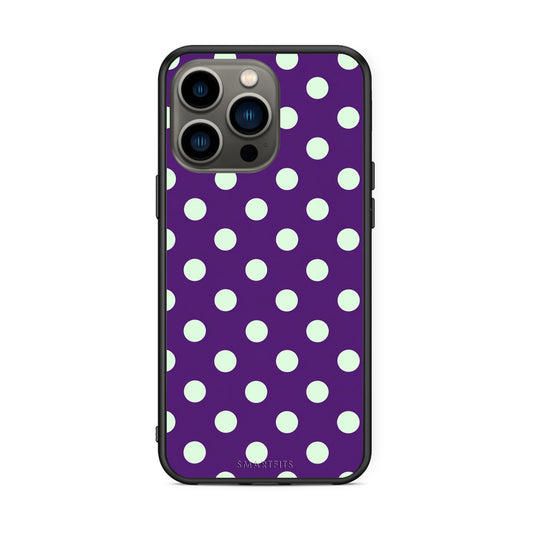 Θήκη iPhone 13 Pro Mint Polka Dots on Purple από τη Smartfits με σχέδιο στο πίσω μέρος και μαύρο περίβλημα | iPhone 13 Pro Mint Polka Dots on Purple case with colorful back and black bezels