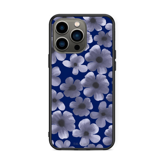 Θήκη iPhone 13 Pro Pale Blue Flowers on Navy από τη Smartfits με σχέδιο στο πίσω μέρος και μαύρο περίβλημα | iPhone 13 Pro Pale Blue Flowers on Navy case with colorful back and black bezels