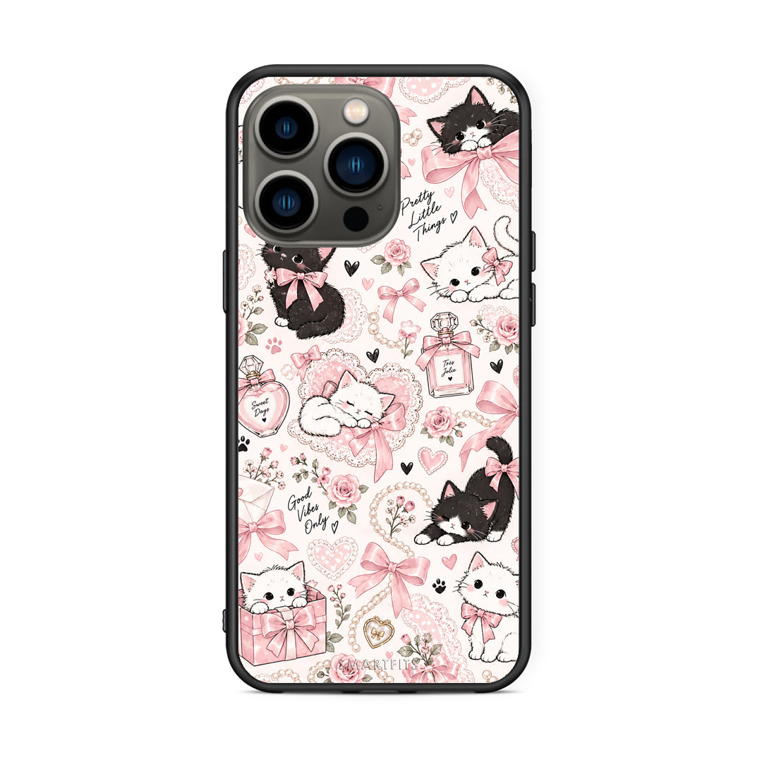 Θήκη iPhone 13 Pro Pink Bows and Kittens Collage από τη Smartfits με σχέδιο στο πίσω μέρος και μαύρο περίβλημα | iPhone 13 Pro Pink Bows and Kittens Collage case with colorful back and black bezels