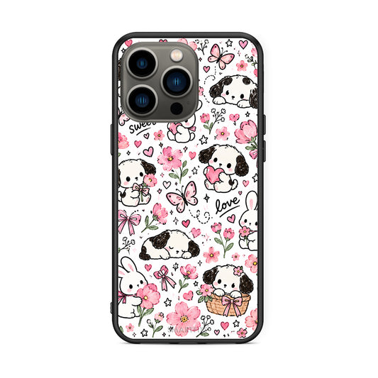 Θήκη iPhone 13 Pro Pink Florals Puppies and Bunnies on White από τη Smartfits με σχέδιο στο πίσω μέρος και μαύρο περίβλημα | iPhone 13 Pro Pink Florals Puppies and Bunnies on White case with colorful back and black bezels