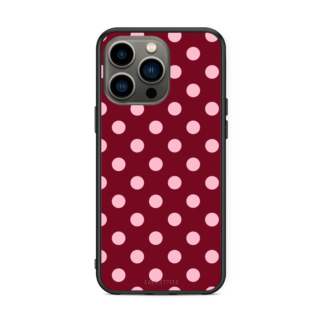Θήκη iPhone 13 Pro Pink Polka Dots on Burgundy από τη Smartfits με σχέδιο στο πίσω μέρος και μαύρο περίβλημα | iPhone 13 Pro Pink Polka Dots on Burgundy case with colorful back and black bezels