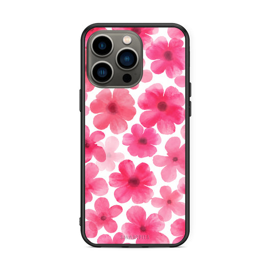 Θήκη iPhone 13 Pro Pink Watercolour Flowers on White από τη Smartfits με σχέδιο στο πίσω μέρος και μαύρο περίβλημα | iPhone 13 Pro Pink Watercolour Flowers on White case with colorful back and black bezels