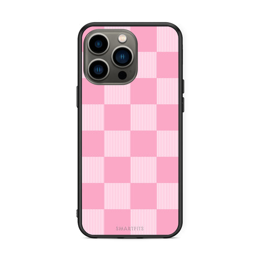 Θήκη iPhone 13 Pro Pink and White Striped Checks από τη Smartfits με σχέδιο στο πίσω μέρος και μαύρο περίβλημα | iPhone 13 Pro Pink and White Striped Checks case with colorful back and black bezels