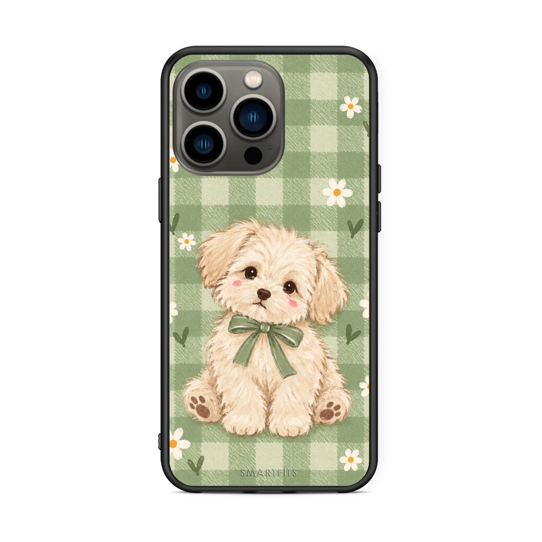 Θήκη iPhone 13 Pro Puppy and Daisies on Sage Gingham από τη Smartfits με σχέδιο στο πίσω μέρος και μαύρο περίβλημα | iPhone 13 Pro Puppy and Daisies on Sage Gingham case with colorful back and black bezels
