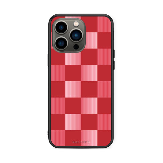 Θήκη iPhone 13 Pro Red and Pink Striped Checks από τη Smartfits με σχέδιο στο πίσω μέρος και μαύρο περίβλημα | iPhone 13 Pro Red and Pink Striped Checks case with colorful back and black bezels