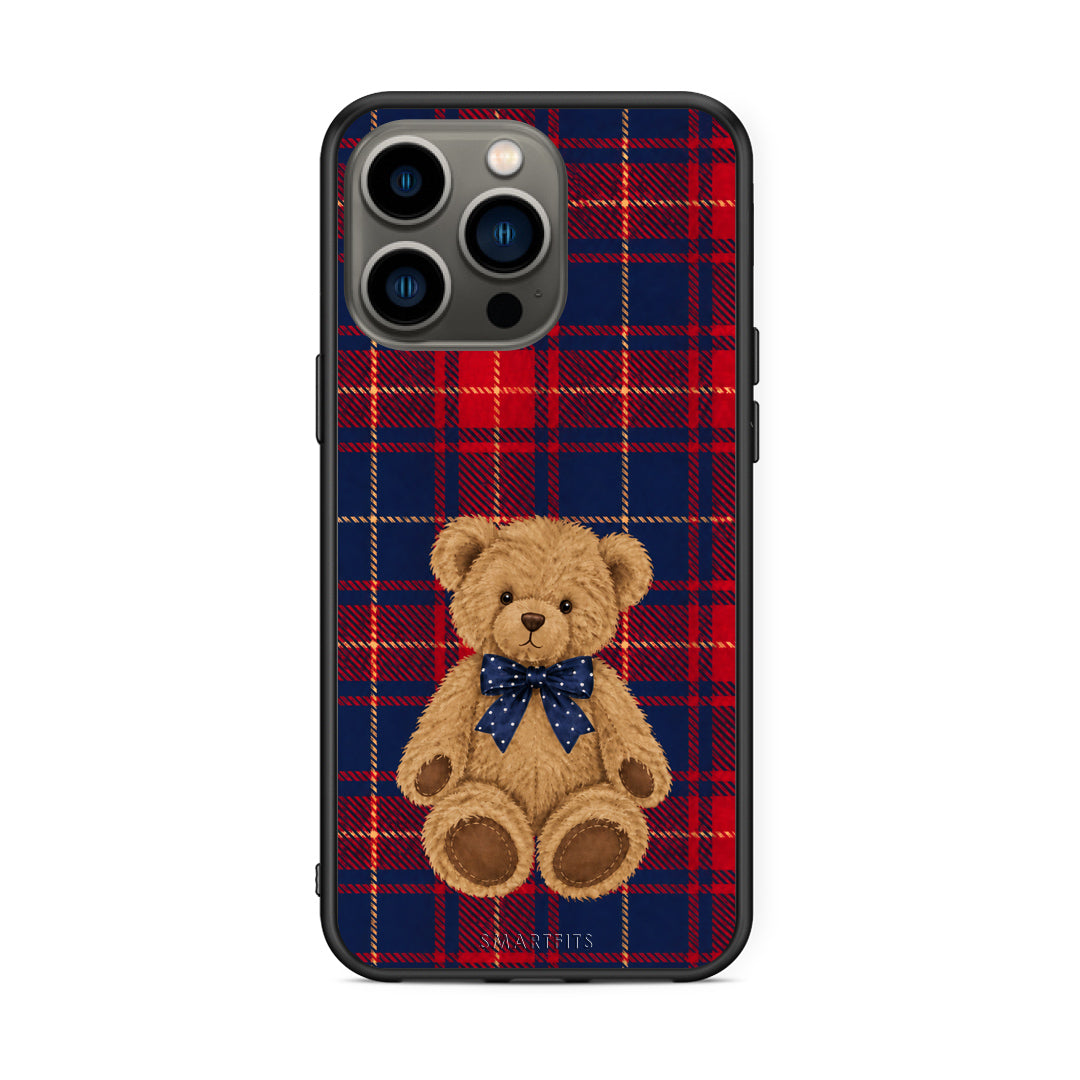Θήκη iPhone 13 Pro Teddy Bear on Red and Navy Tartan από τη Smartfits με σχέδιο στο πίσω μέρος και μαύρο περίβλημα | iPhone 13 Pro Teddy Bear on Red and Navy Tartan case with colorful back and black bezels