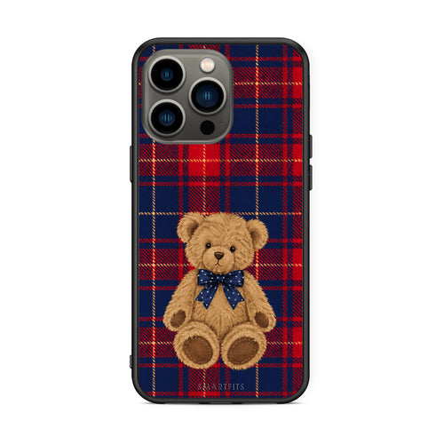 Θήκη iPhone 13 Pro Teddy Bear on Red and Navy Tartan από τη Smartfits με σχέδιο στο πίσω μέρος και μαύρο περίβλημα | iPhone 13 Pro Teddy Bear on Red and Navy Tartan case with colorful back and black bezels