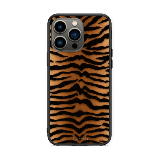 Θήκη iPhone 13 Pro Tiger Print Orange and Black από τη Smartfits με σχέδιο στο πίσω μέρος και μαύρο περίβλημα | iPhone 13 Pro Tiger Print Orange and Black case with colorful back and black bezels