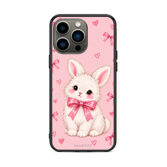 Θήκη iPhone 13 Pro White Bunny and Pink Bows από τη Smartfits με σχέδιο στο πίσω μέρος και μαύρο περίβλημα | iPhone 13 Pro White Bunny and Pink Bows case with colorful back and black bezels