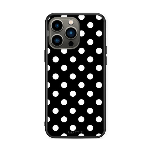 Θήκη iPhone 13 Pro White Polka Dots on Black από τη Smartfits με σχέδιο στο πίσω μέρος και μαύρο περίβλημα | iPhone 13 Pro White Polka Dots on Black case with colorful back and black bezels