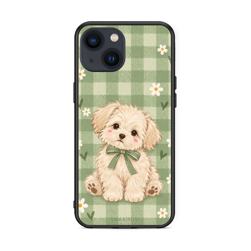 Θήκη iPhone 13 Puppy and Daisies on Sage Gingham από τη Smartfits με σχέδιο στο πίσω μέρος και μαύρο περίβλημα | iPhone 13 Puppy and Daisies on Sage Gingham case with colorful back and black bezels
