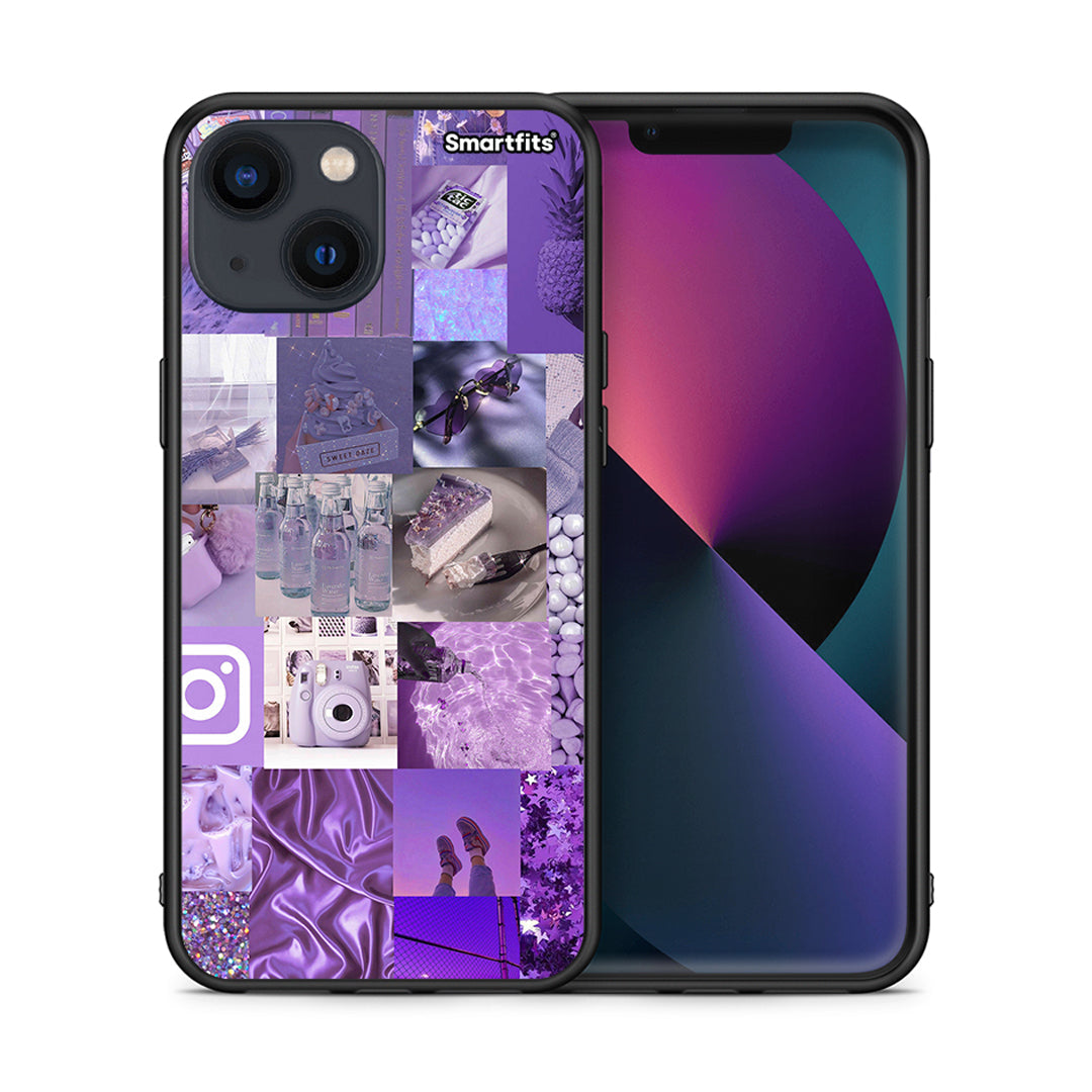 Θήκη iPhone 13 Purple Aesthetic Collage από τη Smartfits με σχέδιο στο πίσω μέρος και μαύρο περίβλημα | iPhone 13 Purple Aesthetic Collage case with colorful back and black bezels