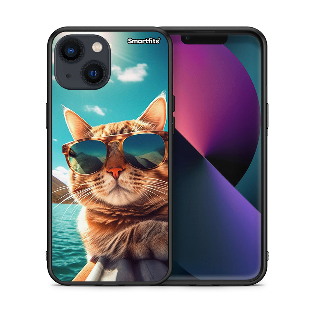 Θήκη iPhone 13 Mini Summer Cat από τη Smartfits με σχέδιο στο πίσω μέρος και μαύρο περίβλημα | iPhone 13 Mini Summer Cat case with colorful back and black bezels