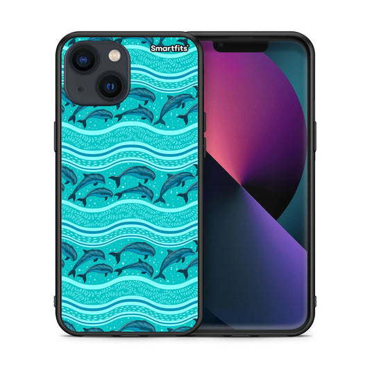 Θήκη iPhone 13 Swimming Dolphins από τη Smartfits με σχέδιο στο πίσω μέρος και μαύρο περίβλημα | iPhone 13 Swimming Dolphins case with colorful back and black bezels