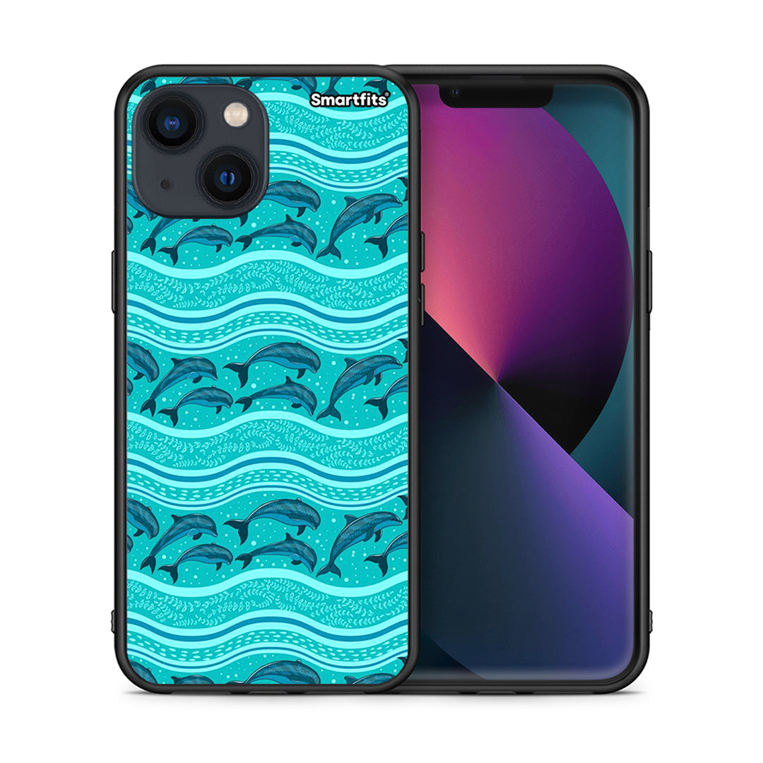 Θήκη iPhone 13 Swimming Dolphins από τη Smartfits με σχέδιο στο πίσω μέρος και μαύρο περίβλημα | iPhone 13 Swimming Dolphins case with colorful back and black bezels