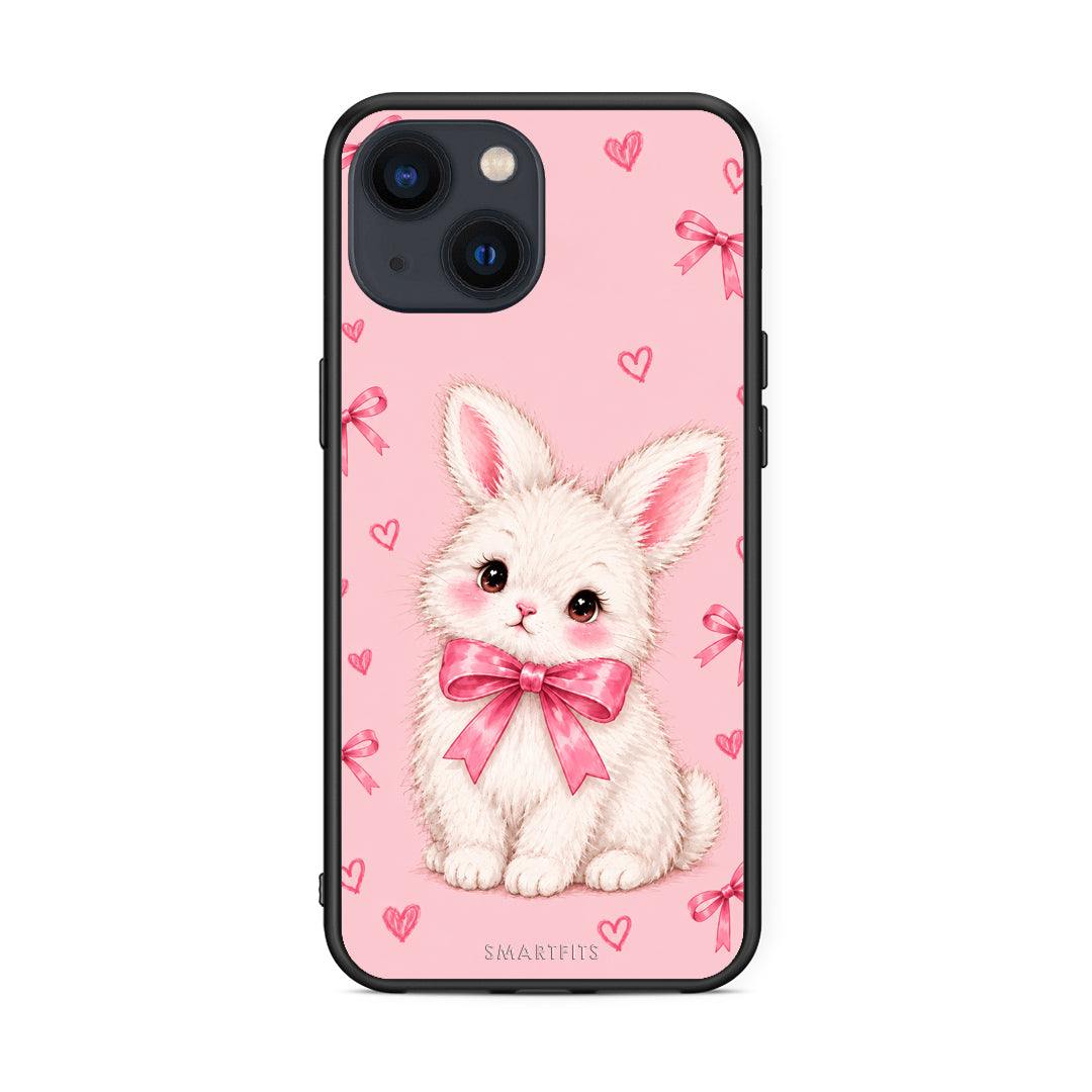 Θήκη iPhone 13 White Bunny and Pink Bows από τη Smartfits με σχέδιο στο πίσω μέρος και μαύρο περίβλημα | iPhone 13 White Bunny and Pink Bows case with colorful back and black bezels