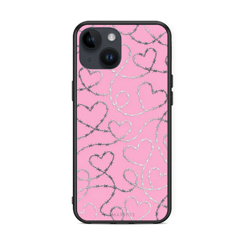 Θήκη iPhone 15 Barbed Wire Hearts on Pink από τη Smartfits με σχέδιο στο πίσω μέρος και μαύρο περίβλημα | iPhone 15 Barbed Wire Hearts on Pink case with colorful back and black bezels