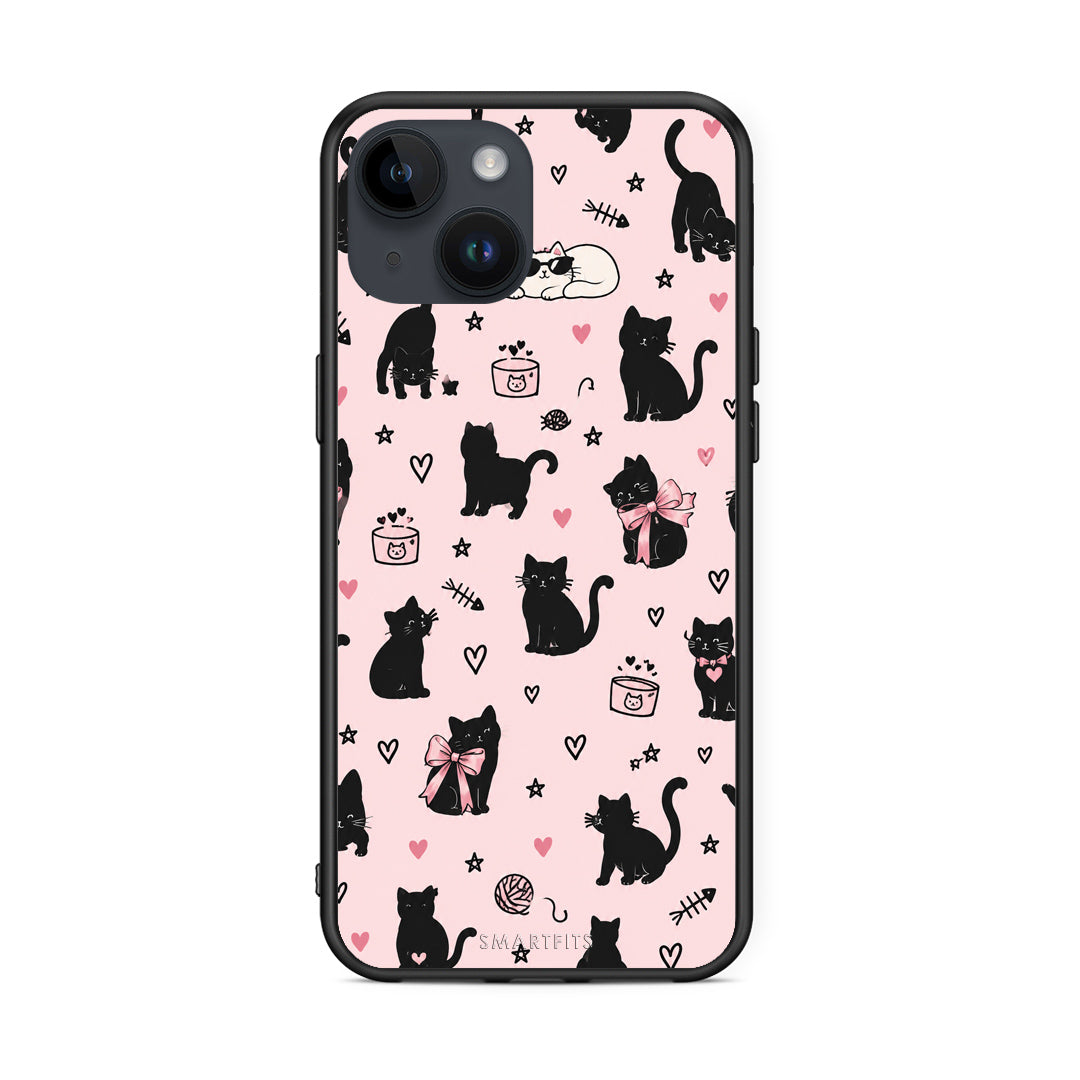 Θήκη iPhone 15 Black Cat Doodles on Pink από τη Smartfits με σχέδιο στο πίσω μέρος και μαύρο περίβλημα | iPhone 15 Black Cat Doodles on Pink case with colorful back and black bezels