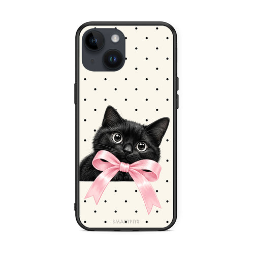 Θήκη iPhone 15 Black Kitten Pink Bow and Polka Dots από τη Smartfits με σχέδιο στο πίσω μέρος και μαύρο περίβλημα | iPhone 15 Black Kitten Pink Bow and Polka Dots case with colorful back and black bezels