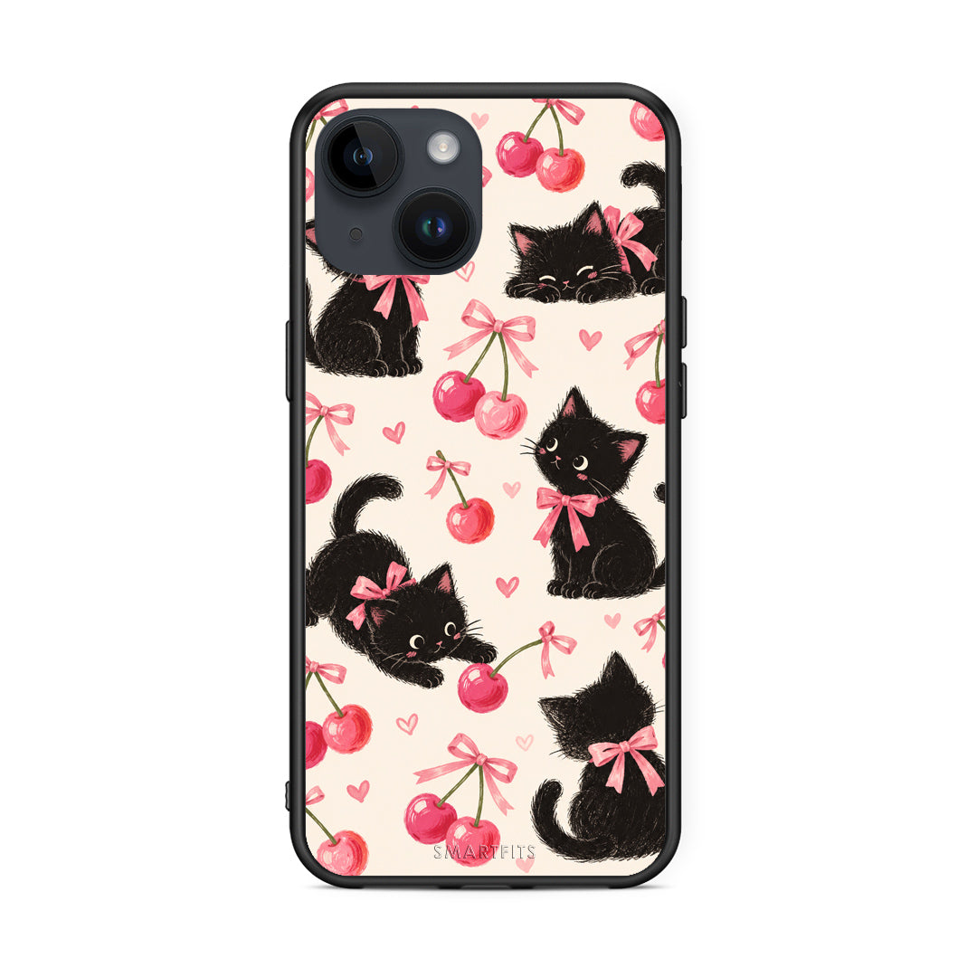 Θήκη iPhone 15 Black Kittens and Cherries on Cream από τη Smartfits με σχέδιο στο πίσω μέρος και μαύρο περίβλημα | iPhone 15 Black Kittens and Cherries on Cream case with colorful back and black bezels