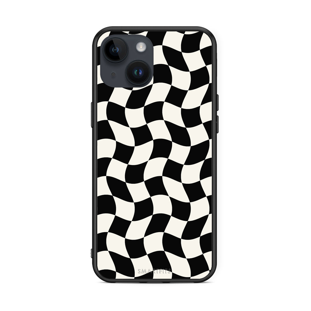 Θήκη iPhone 15 Black and Cream Wavy Checkerboard από τη Smartfits με σχέδιο στο πίσω μέρος και μαύρο περίβλημα | iPhone 15 Black and Cream Wavy Checkerboard case with colorful back and black bezels