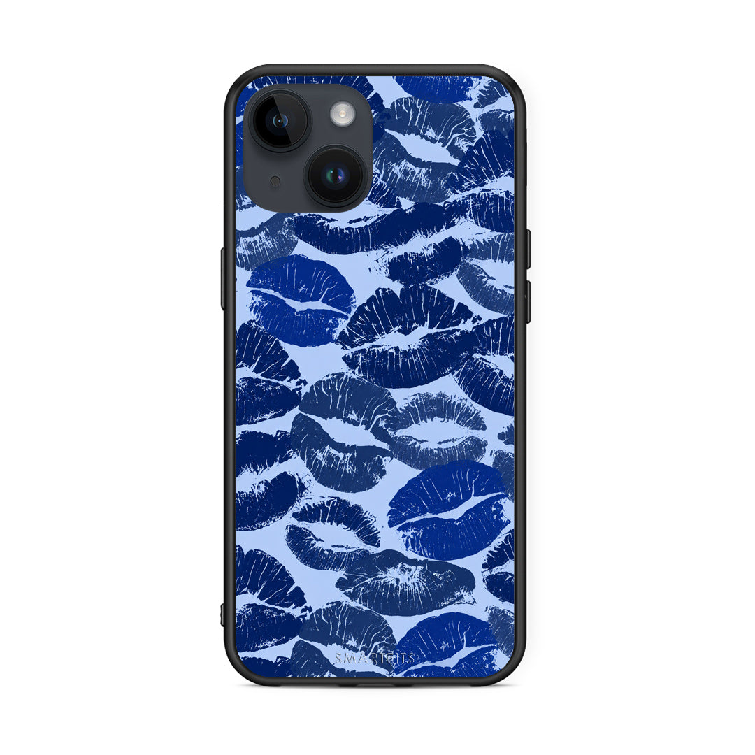 Θήκη iPhone 15 Blue Lipstick Kisses από τη Smartfits με σχέδιο στο πίσω μέρος και μαύρο περίβλημα | iPhone 15 Blue Lipstick Kisses case with colorful back and black bezels