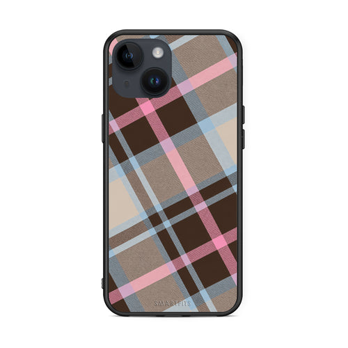 Θήκη iPhone 15 Brown Pink and Blue Diagonal Plaid από τη Smartfits με σχέδιο στο πίσω μέρος και μαύρο περίβλημα | iPhone 15 Brown Pink and Blue Diagonal Plaid case with colorful back and black bezels