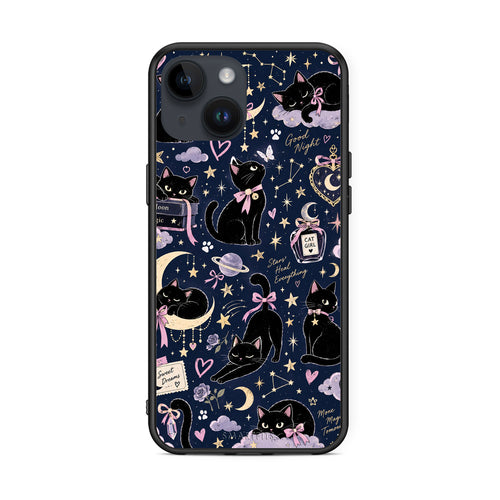 Θήκη iPhone 15 Celestial Black Cats on Navy από τη Smartfits με σχέδιο στο πίσω μέρος και μαύρο περίβλημα | iPhone 15 Celestial Black Cats on Navy case with colorful back and black bezels