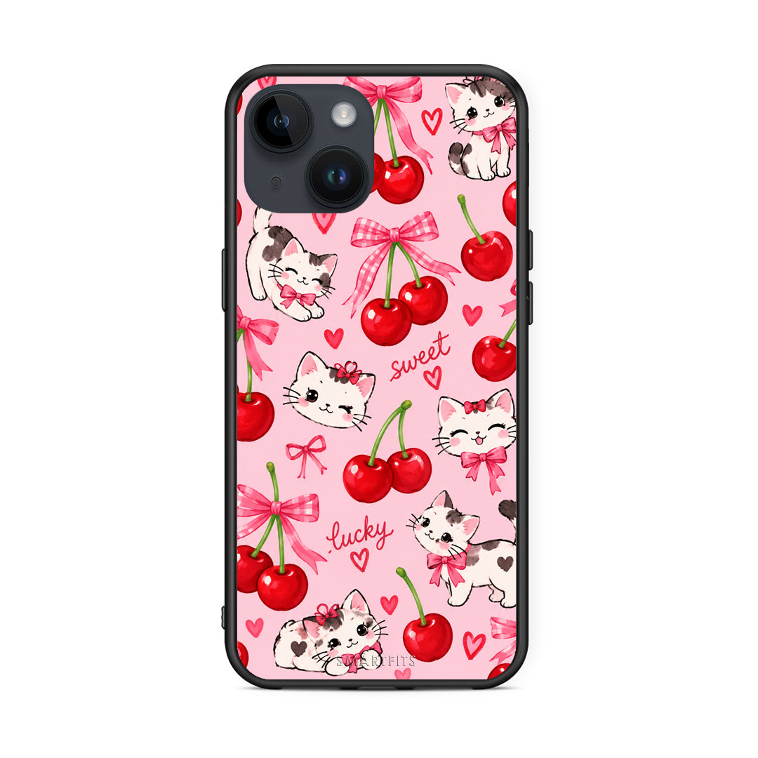 Θήκη iPhone 15 Cherries Bows and Kittens on Pink από τη Smartfits με σχέδιο στο πίσω μέρος και μαύρο περίβλημα | iPhone 15 Cherries Bows and Kittens on Pink case with colorful back and black bezels