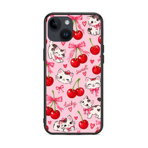Θήκη iPhone 15 Cherries Bows and Kittens on Pink από τη Smartfits με σχέδιο στο πίσω μέρος και μαύρο περίβλημα | iPhone 15 Cherries Bows and Kittens on Pink case with colorful back and black bezels