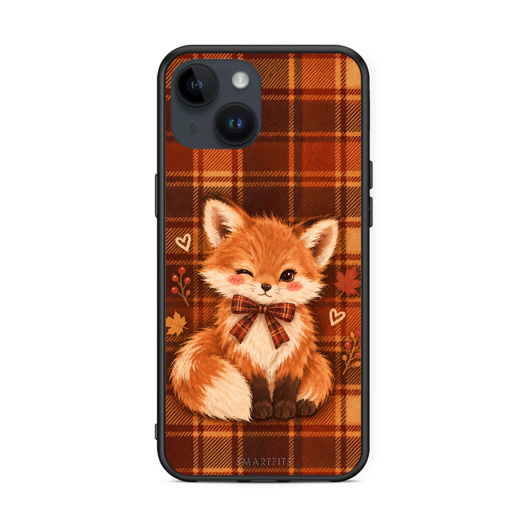 Θήκη iPhone 15 Fox on Autumn Tartan από τη Smartfits με σχέδιο στο πίσω μέρος και μαύρο περίβλημα | iPhone 15 Fox on Autumn Tartan case with colorful back and black bezels