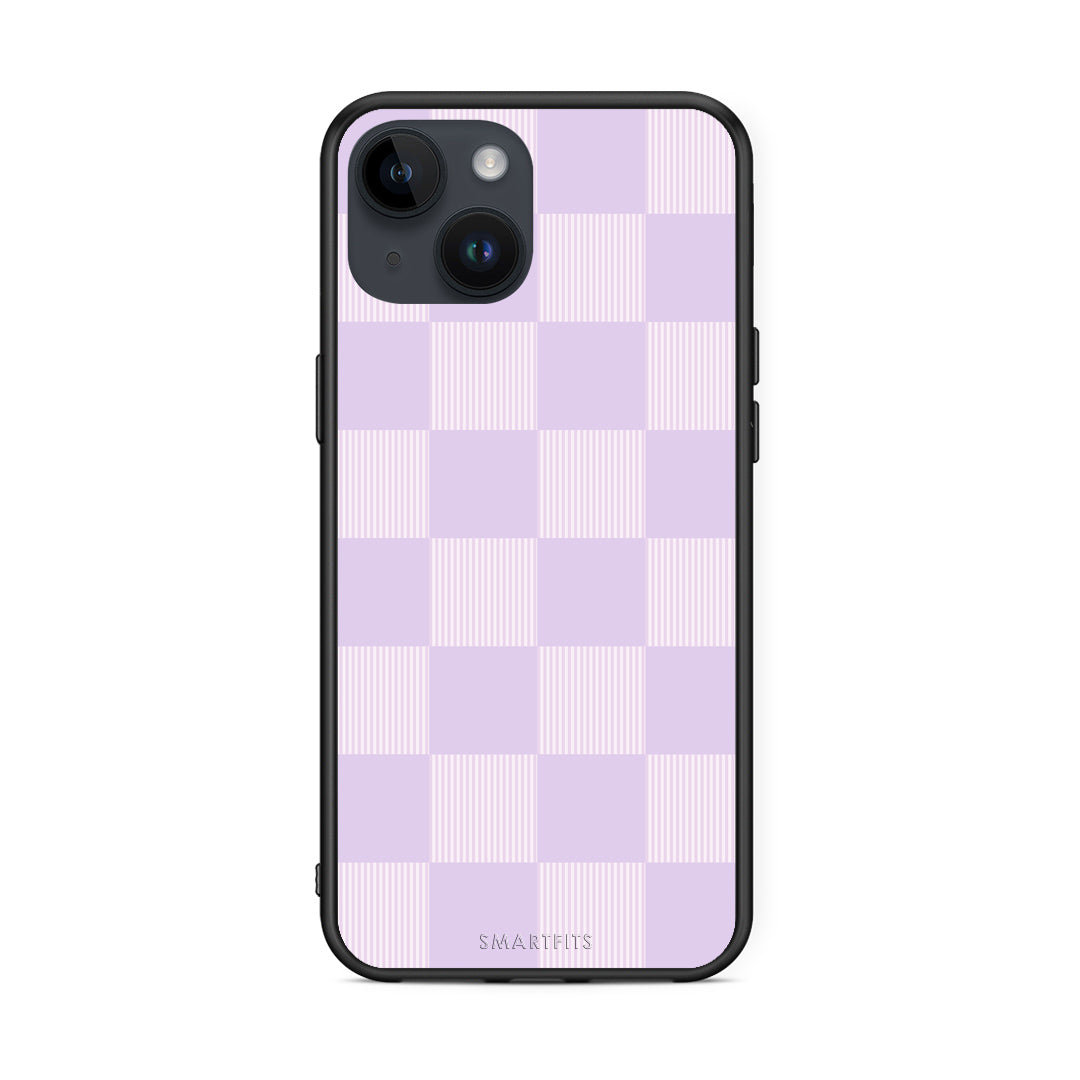 Θήκη iPhone 15 Lilac and Cream Striped Checks από τη Smartfits με σχέδιο στο πίσω μέρος και μαύρο περίβλημα | iPhone 15 Lilac and Cream Striped Checks case with colorful back and black bezels