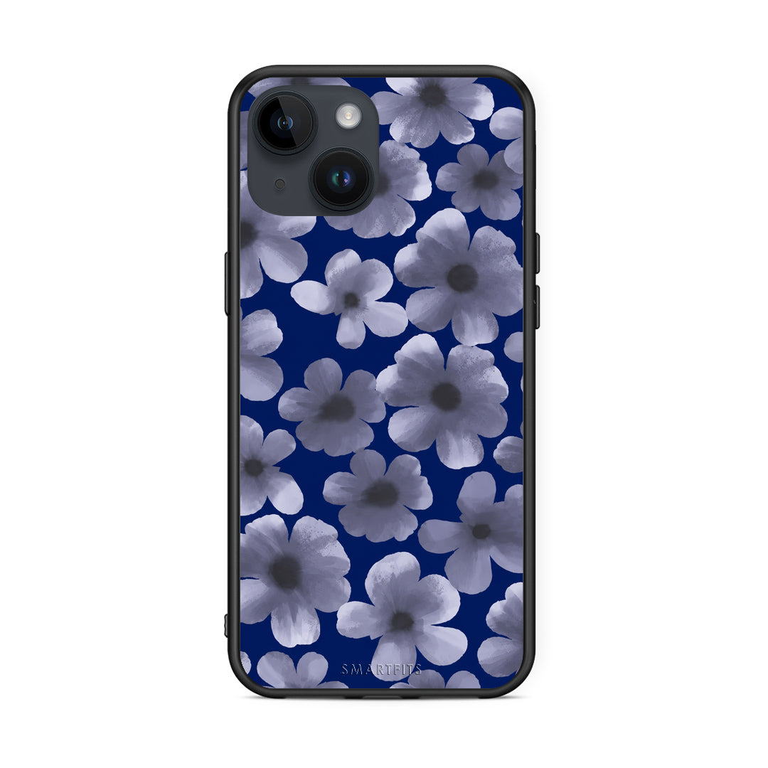 Θήκη iPhone 15 Pale Blue Flowers on Navy από τη Smartfits με σχέδιο στο πίσω μέρος και μαύρο περίβλημα | iPhone 15 Pale Blue Flowers on Navy case with colorful back and black bezels
