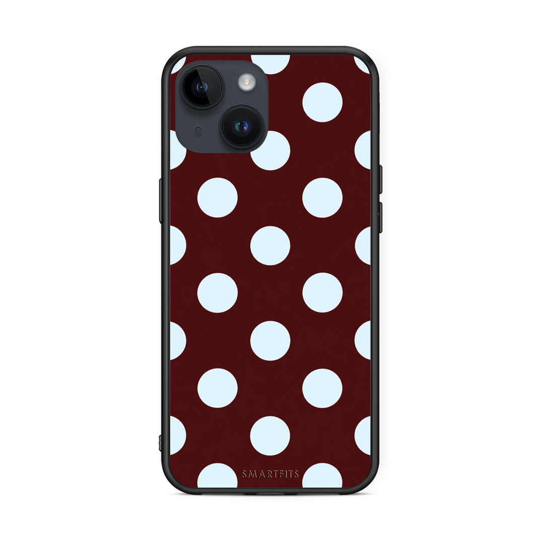 Θήκη iPhone 15 Pale Blue Large Polka Dots on Burgundy από τη Smartfits με σχέδιο στο πίσω μέρος και μαύρο περίβλημα | iPhone 15 Pale Blue Large Polka Dots on Burgundy case with colorful back and black bezels