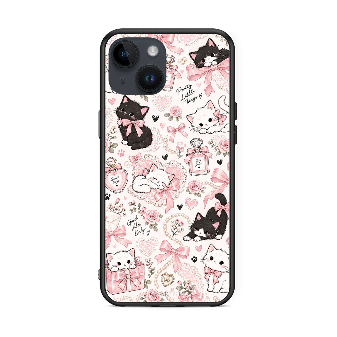 Θήκη iPhone 15 Pink Bows and Kittens Collage από τη Smartfits με σχέδιο στο πίσω μέρος και μαύρο περίβλημα | iPhone 15 Pink Bows and Kittens Collage case with colorful back and black bezels