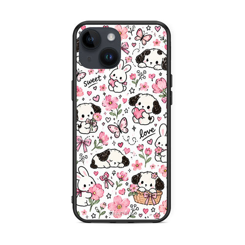 Θήκη iPhone 15 Pink Florals Puppies and Bunnies on White από τη Smartfits με σχέδιο στο πίσω μέρος και μαύρο περίβλημα | iPhone 15 Pink Florals Puppies and Bunnies on White case with colorful back and black bezels