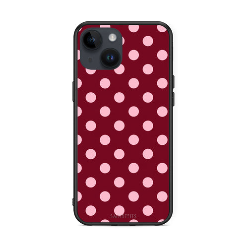 Θήκη iPhone 15 Pink Polka Dots on Burgundy από τη Smartfits με σχέδιο στο πίσω μέρος και μαύρο περίβλημα | iPhone 15 Pink Polka Dots on Burgundy case with colorful back and black bezels