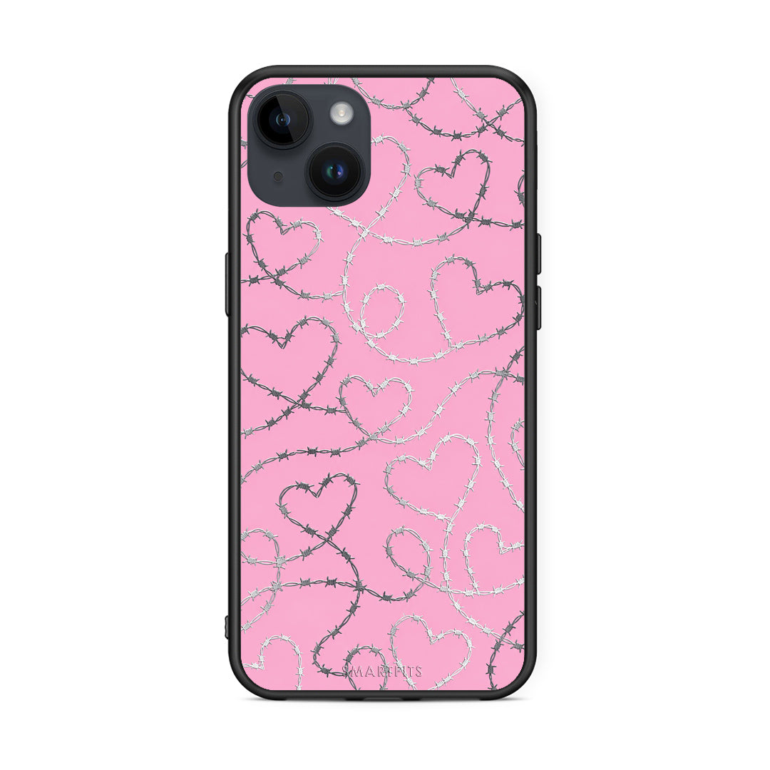 Θήκη iPhone 15 Plus Barbed Wire Hearts on Pink από τη Smartfits με σχέδιο στο πίσω μέρος και μαύρο περίβλημα | iPhone 15 Plus Barbed Wire Hearts on Pink case with colorful back and black bezels