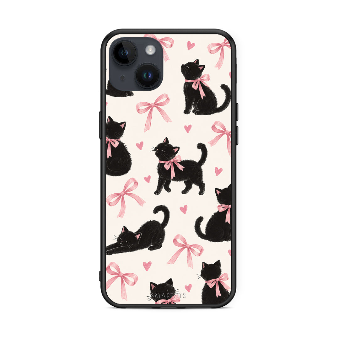 Θήκη iPhone 14 Plus Black Kittens and Pink Bows on Cream Large από τη Smartfits με σχέδιο στο πίσω μέρος και μαύρο περίβλημα | iPhone 14 Plus Black Kittens and Pink Bows on Cream Large case with colorful back and black bezels