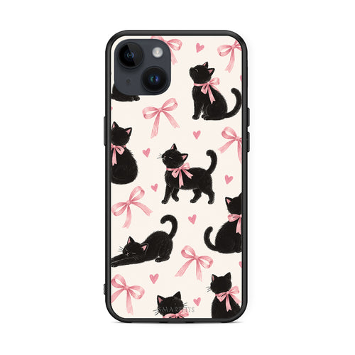 Θήκη iPhone 14 Plus Black Kittens and Pink Bows on Cream Large από τη Smartfits με σχέδιο στο πίσω μέρος και μαύρο περίβλημα | iPhone 14 Plus Black Kittens and Pink Bows on Cream Large case with colorful back and black bezels