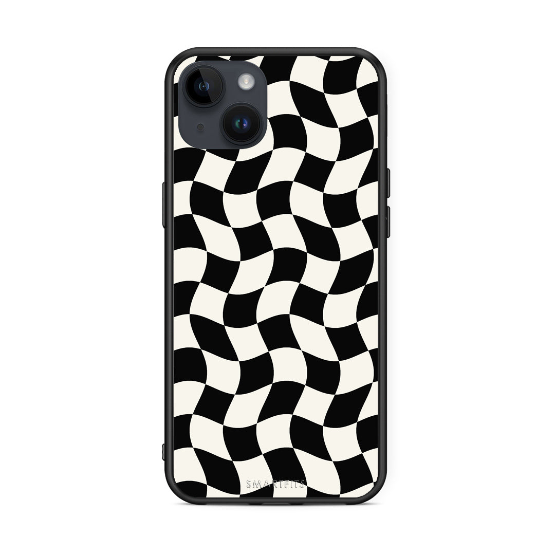 Θήκη iPhone 14 Plus Black and Cream Wavy Checkerboard από τη Smartfits με σχέδιο στο πίσω μέρος και μαύρο περίβλημα | iPhone 14 Plus Black and Cream Wavy Checkerboard case with colorful back and black bezels