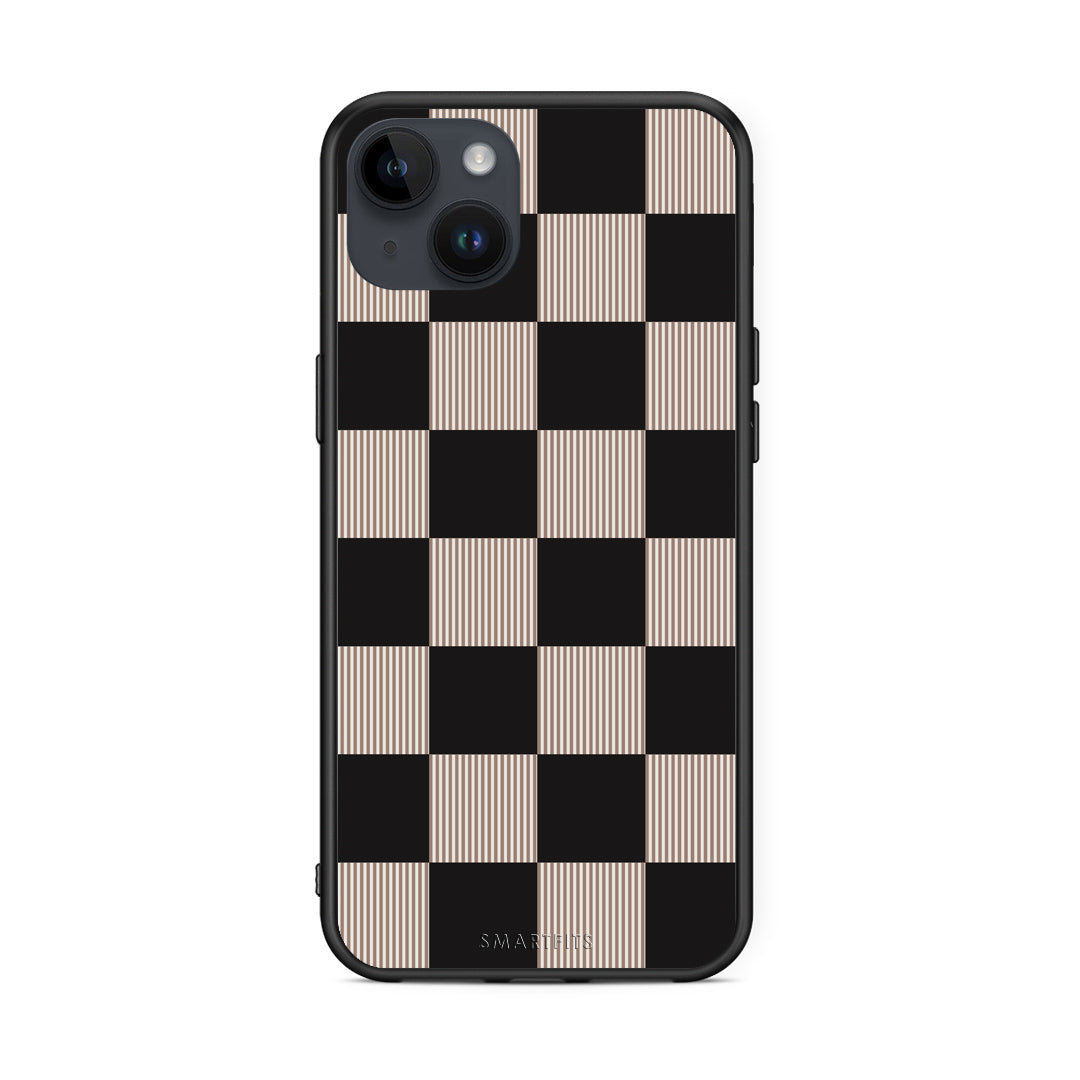 Θήκη iPhone 14 Plus Black and Taupe Striped Checks από τη Smartfits με σχέδιο στο πίσω μέρος και μαύρο περίβλημα | iPhone 14 Plus Black and Taupe Striped Checks case with colorful back and black bezels