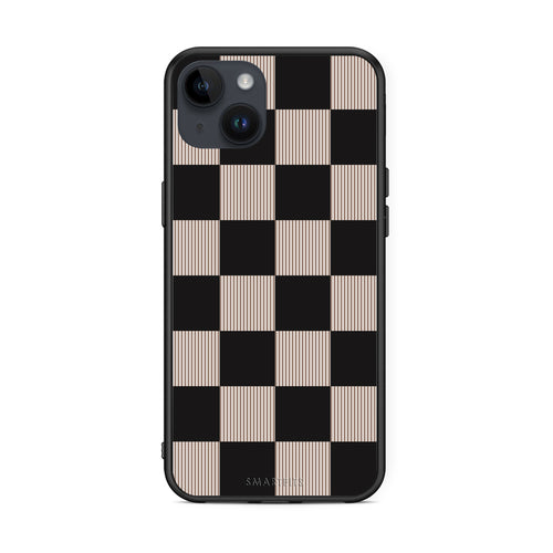 Θήκη iPhone 14 Plus Black and Taupe Striped Checks από τη Smartfits με σχέδιο στο πίσω μέρος και μαύρο περίβλημα | iPhone 14 Plus Black and Taupe Striped Checks case with colorful back and black bezels