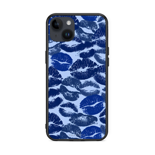 Θήκη iPhone 14 Plus Blue Lipstick Kisses από τη Smartfits με σχέδιο στο πίσω μέρος και μαύρο περίβλημα | iPhone 14 Plus Blue Lipstick Kisses case with colorful back and black bezels