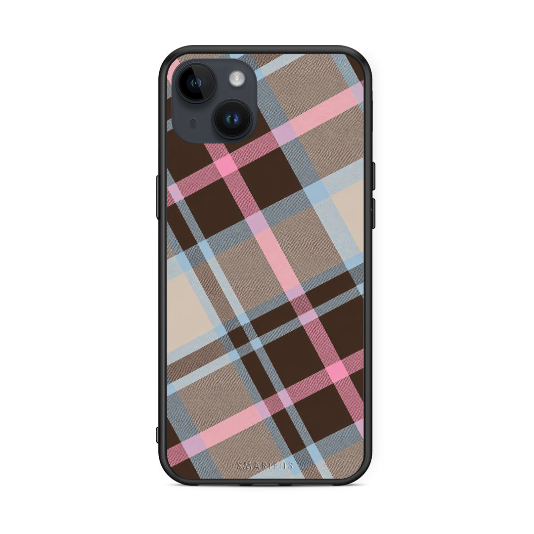 Θήκη iPhone 14 Plus Brown Pink and Blue Diagonal Plaid από τη Smartfits με σχέδιο στο πίσω μέρος και μαύρο περίβλημα | iPhone 14 Plus Brown Pink and Blue Diagonal Plaid case with colorful back and black bezels